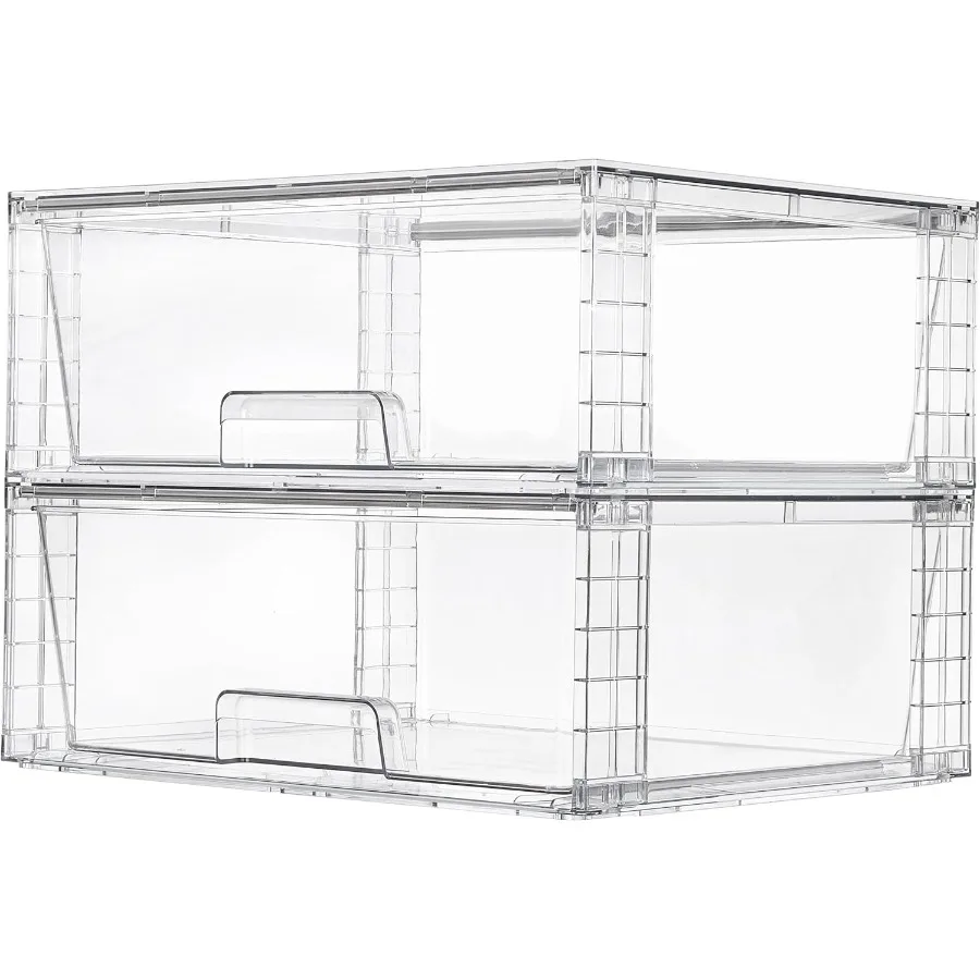 

2 упаковки, большие штабелируемые ящики для хранения, легко собираются, прозрачные акриловые органайзеры для шкафа для ванной комнаты, пластиковые контейнеры для хранения f