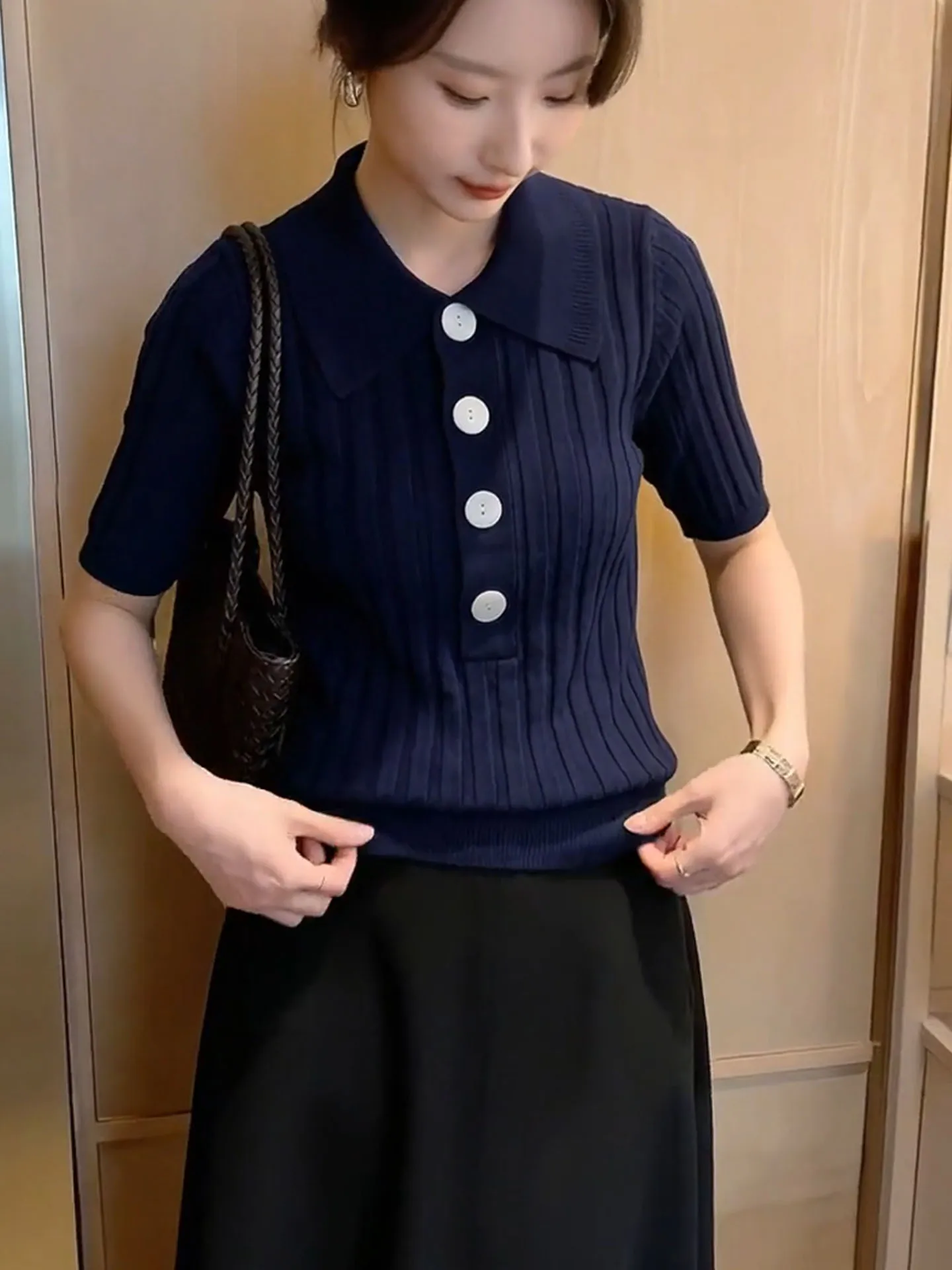 Summer Casual Versatile Minimalist Style Short Sleeve Knitted Shirt Korean Soft Comfortable Fashionable Youthful Turn-down Co...