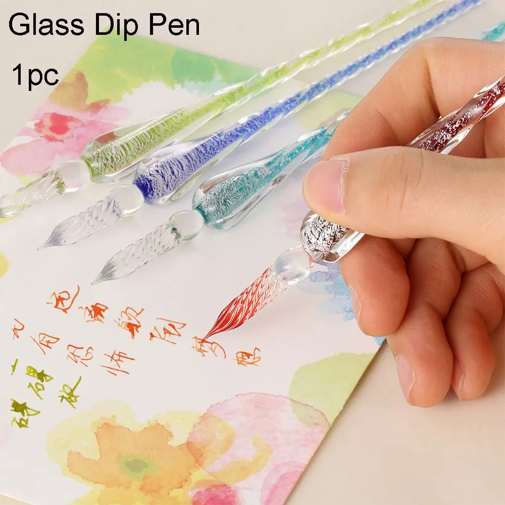 1 Pc 0.7mm Glass Drip Filling Ink Fountain Pen Crystal Penholder Vintage Handmade Dipping DIY Craft Signature Pens Writing Tools
