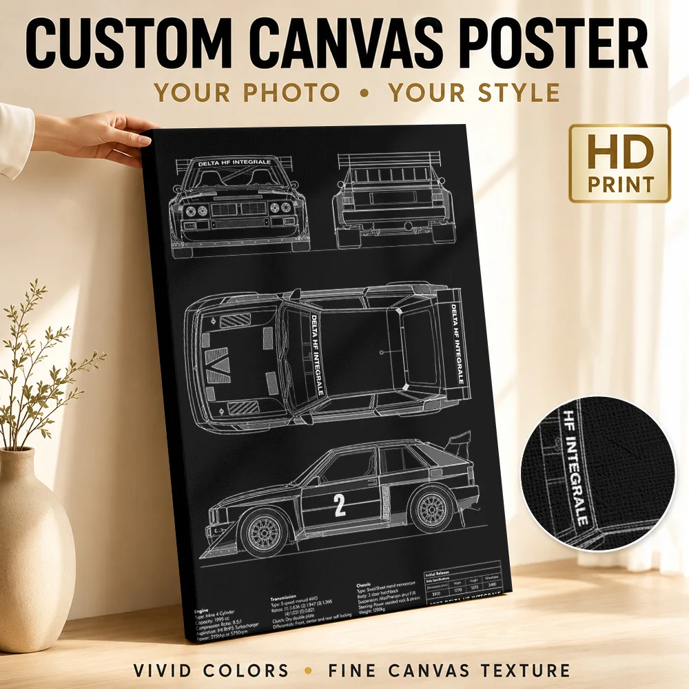 Italian Delta HF Integrale Black Rally Car Canvas Posters Retro Style Wall Decor With Customized Photo For Den Ideal Driver Gift