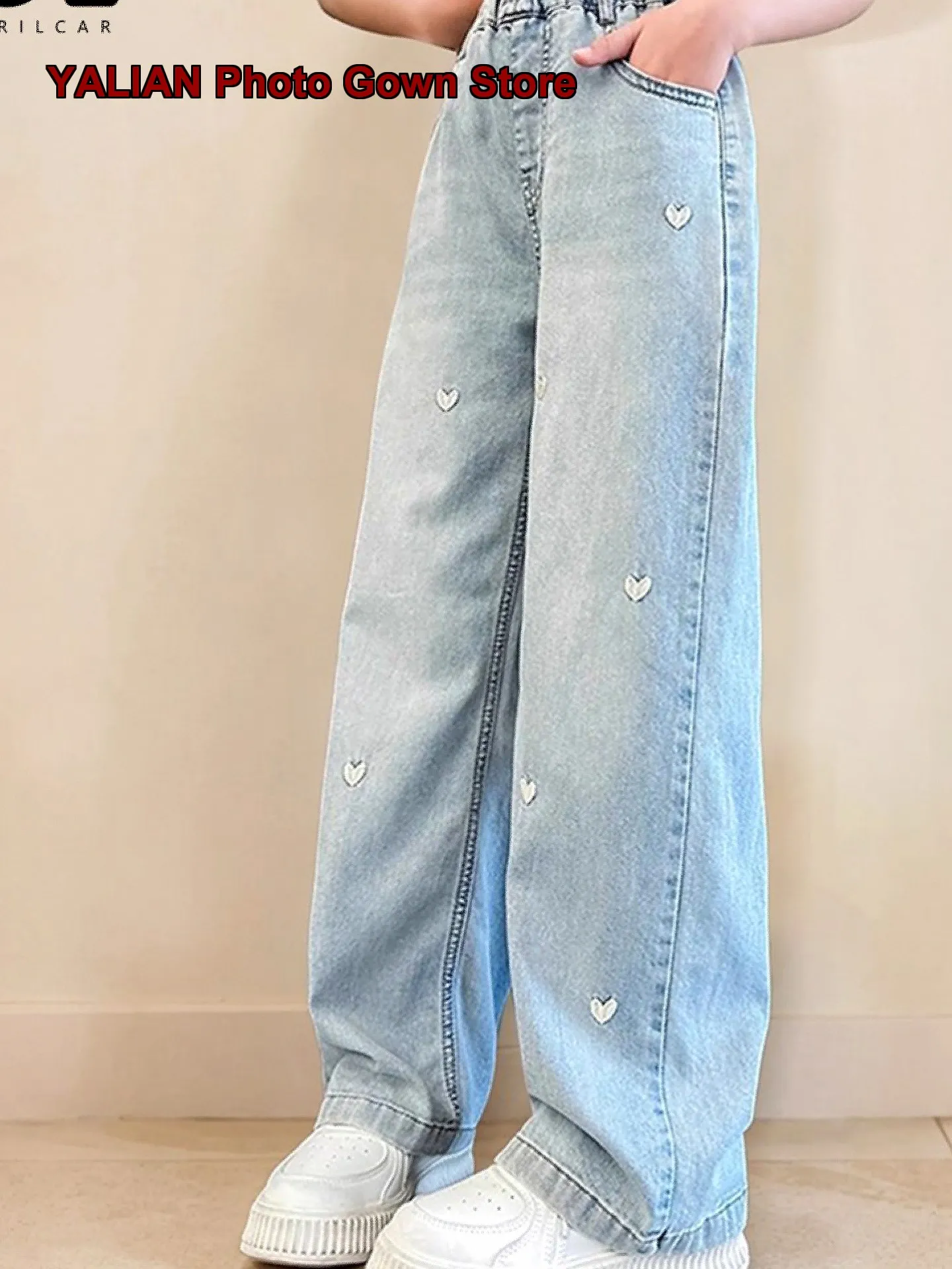Girls Denim Wide Leg Pants Kids Spring Autumn Heart Print Casual Pure Cotton Fashionable Summer