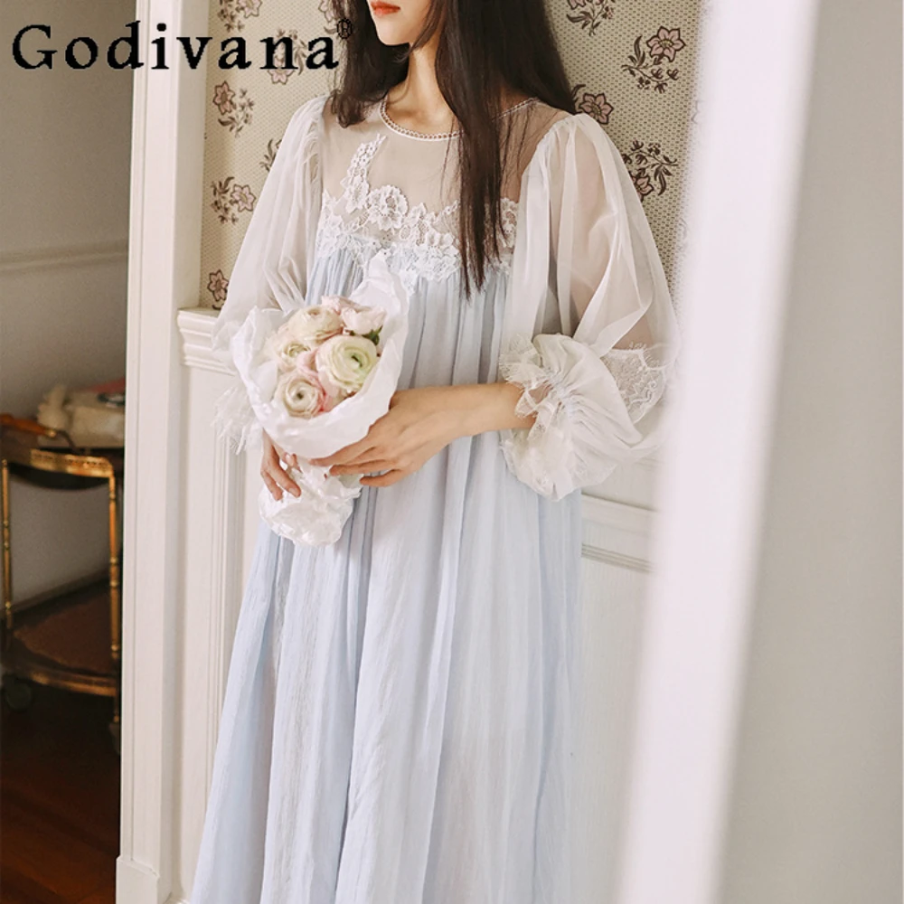 2024 Spring Summer Fairy Nightgowns Vintage Morning Robe Gown French Court Style Lace Dress Sleepwear