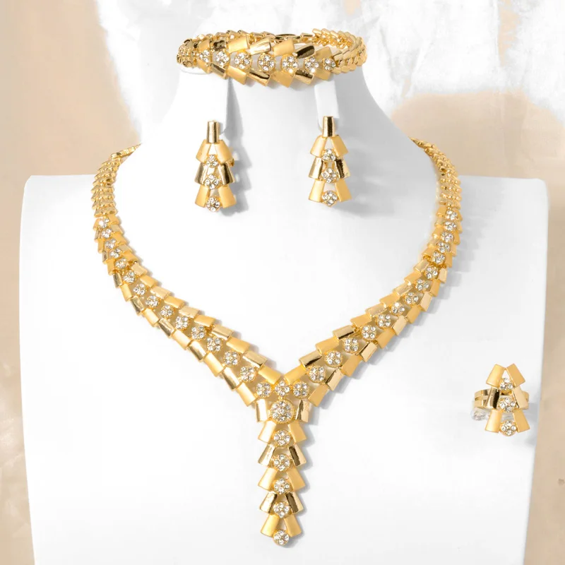 Zeadear Bridal Jewelry Set Nigeria African Luxury Zirconia 18K Gold Plated Neckace Bracelet Earring Ring for Women Wedding Party