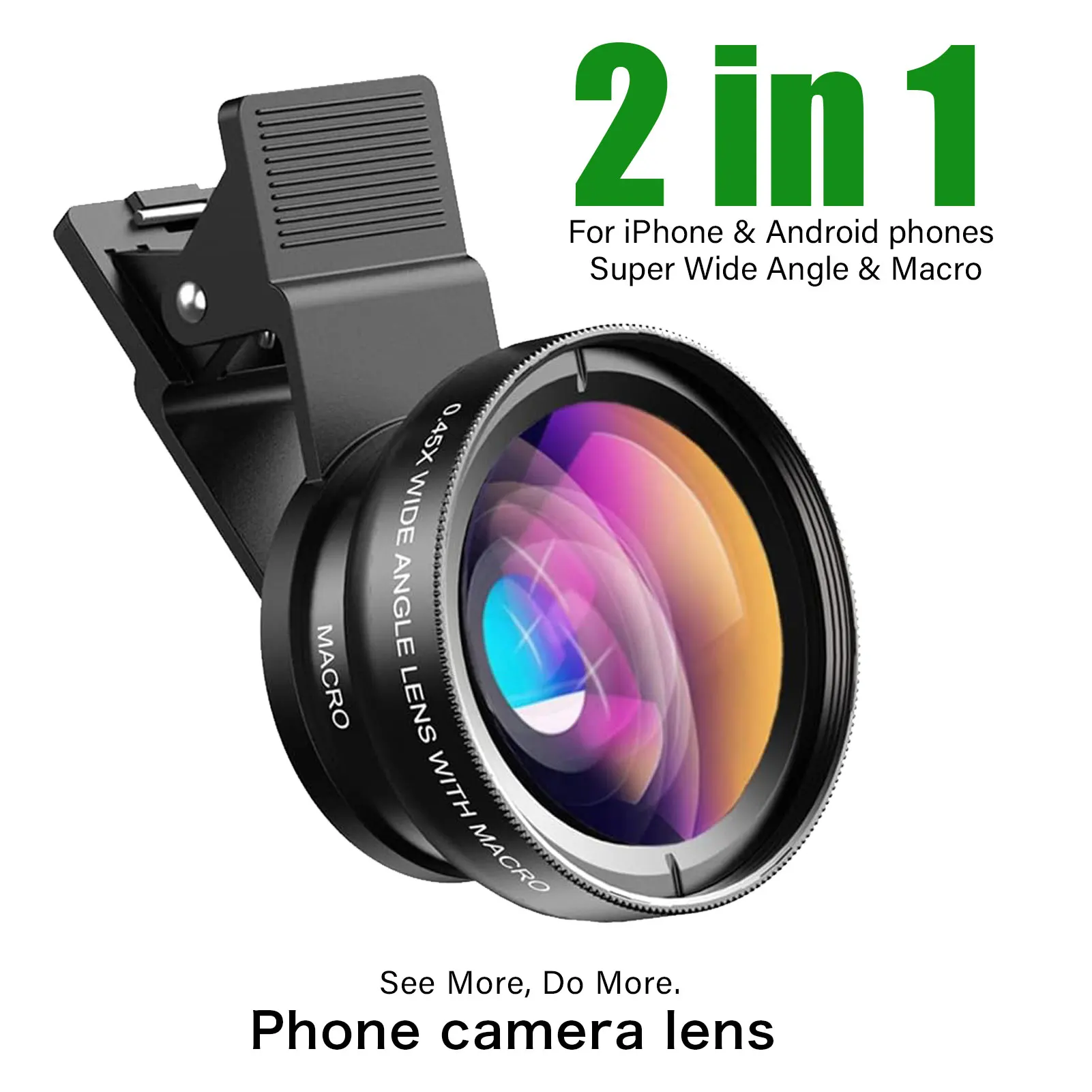 

Объектив для телефона 2-в-1: Макрообъектив 12.5X для iPhone 17, 16, 15, Samsung, Google, Xiaomi и широкоугольный объектив 0.45X HD с креплением-клипсой