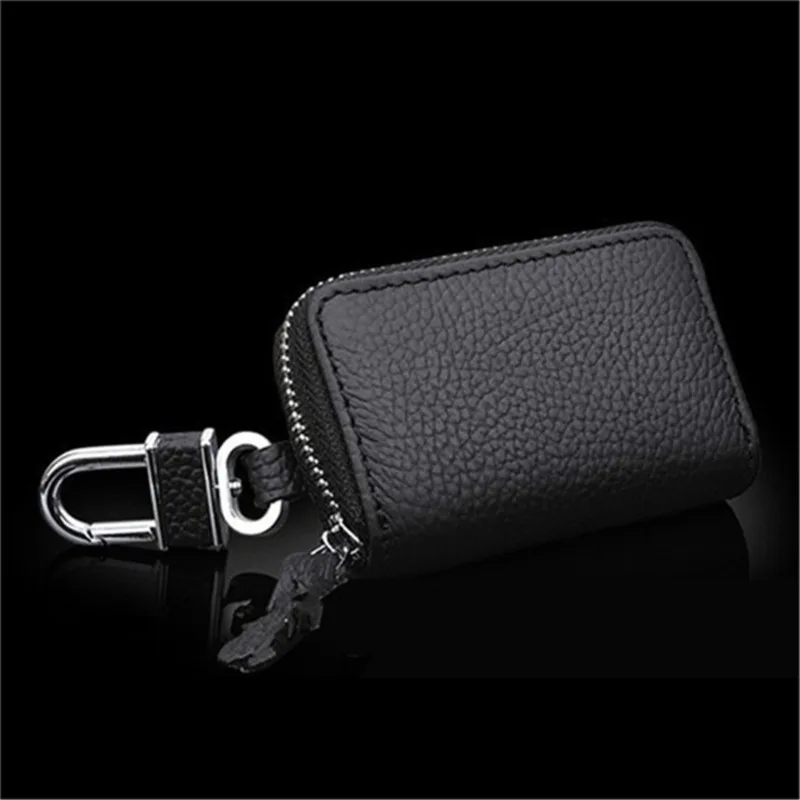 Cowhide Key Bag Car Black Lychee Pattern Zipper Key Holders Universal Car Remote Control Protective Cover for Men and Women