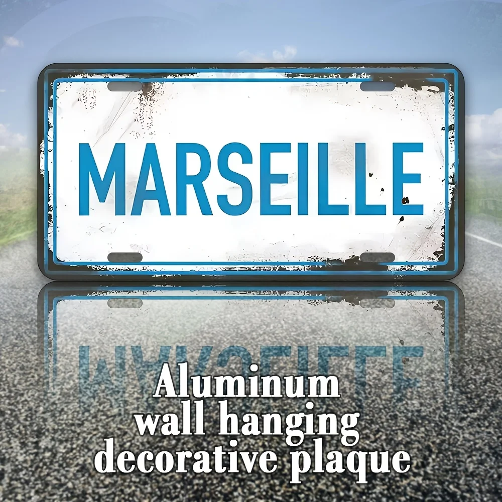 Letreiro de Parede Vintage em Alumínio com Acabamento Envelhecido (MARSEILLE) - Placa Decorativa Rústica Azul e Branca, Arte Fácil de Pendurar para Casa, B