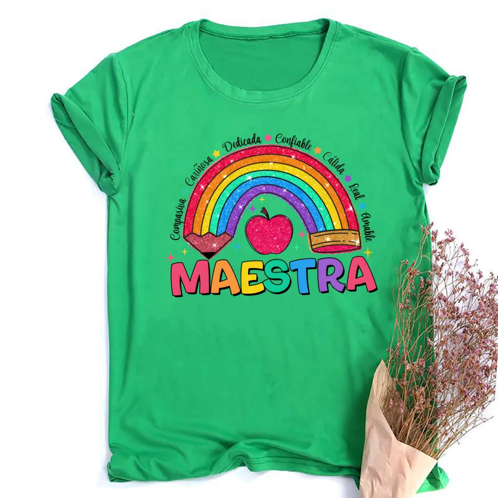 MAESTRA&Rainbow Print Womens T Shirt Casual Round Neck Short Sleeve Teacher T-shirts Fashion Comfy Tees Top Najlepszy prezent dla nauczyciela