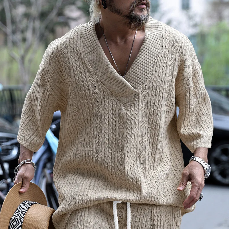 2026 Men's Casual Knitted T-Shirt Men's Summer Loose Short Sleeve Amazon Loose Big V-Neck Sports Solid Color T-Shirt Men's
