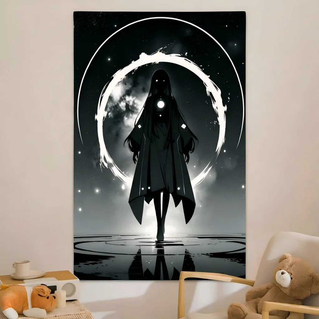 Dark Cosmic Goddess Silhouette Star Galaxy Water Reflection Wall Hanging Art for Dorm Bedroom Mysterious Aesthetic Room Home Dec