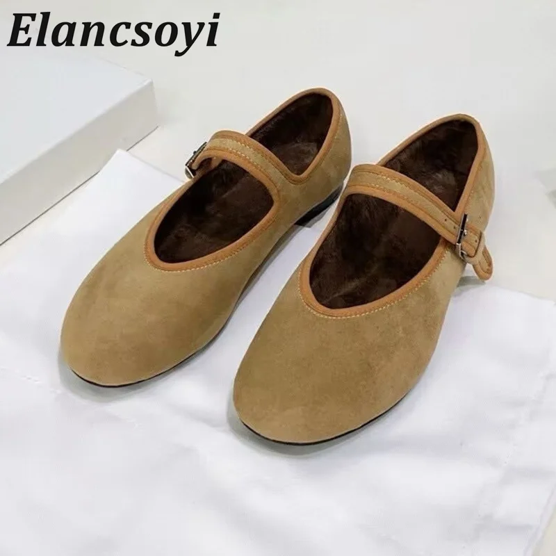 Single Shoes Round Toe Cow Suede Mary Jane Shoes Women's Spring Autumn One Word Buckle Strap Plush Lining Versatile Flat Shoes