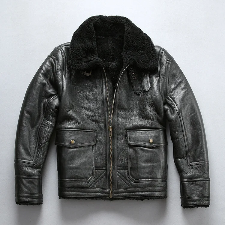 2024 New Winter Fashion Black Warm Sheep Fur One Man Factory Flight Suit Men's Casual Leather Fur One Jackets