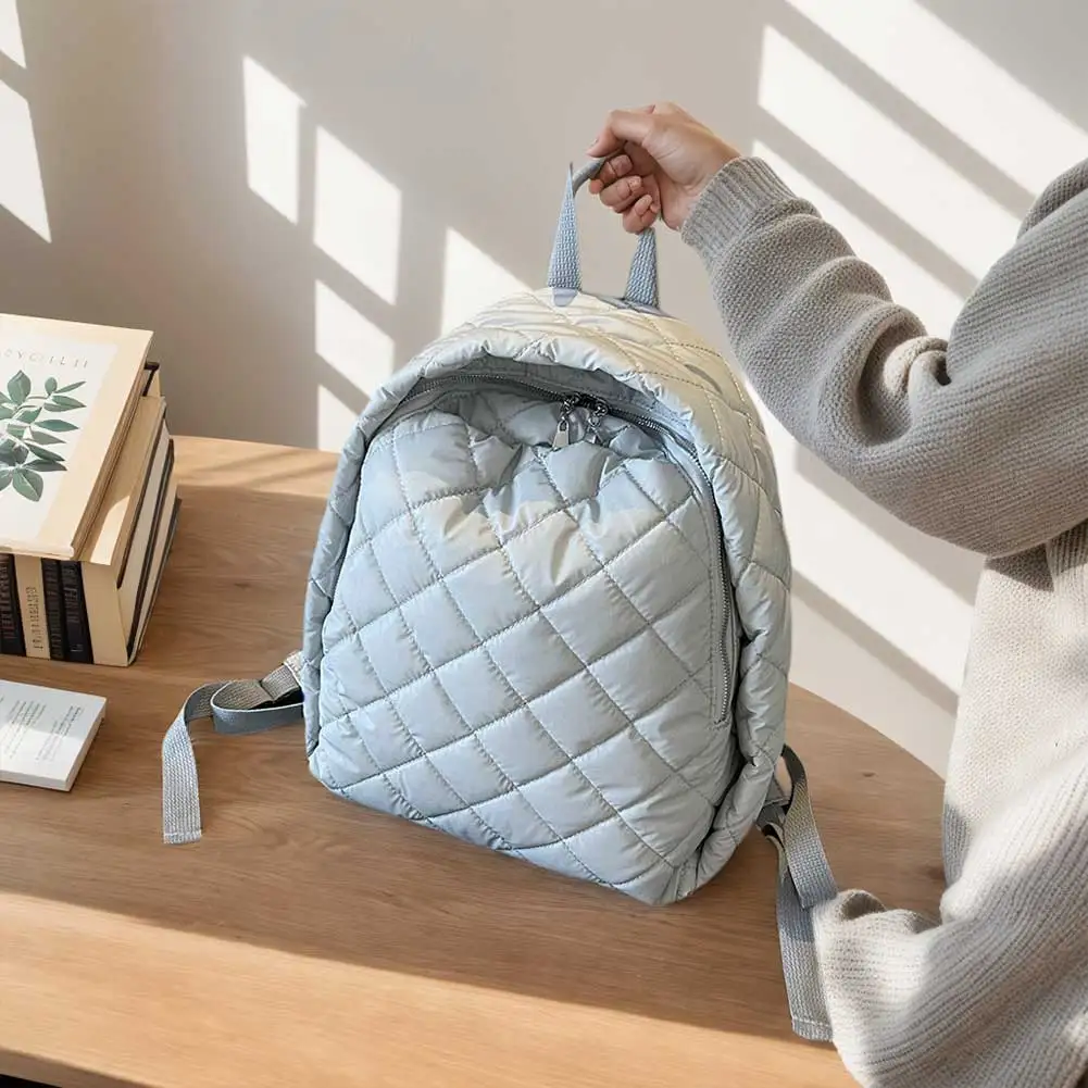 Backpack for Women Men Quilted Puffer Bag Nylon Adjustable Strap Bag Zipper Rucksack Travel Daypack