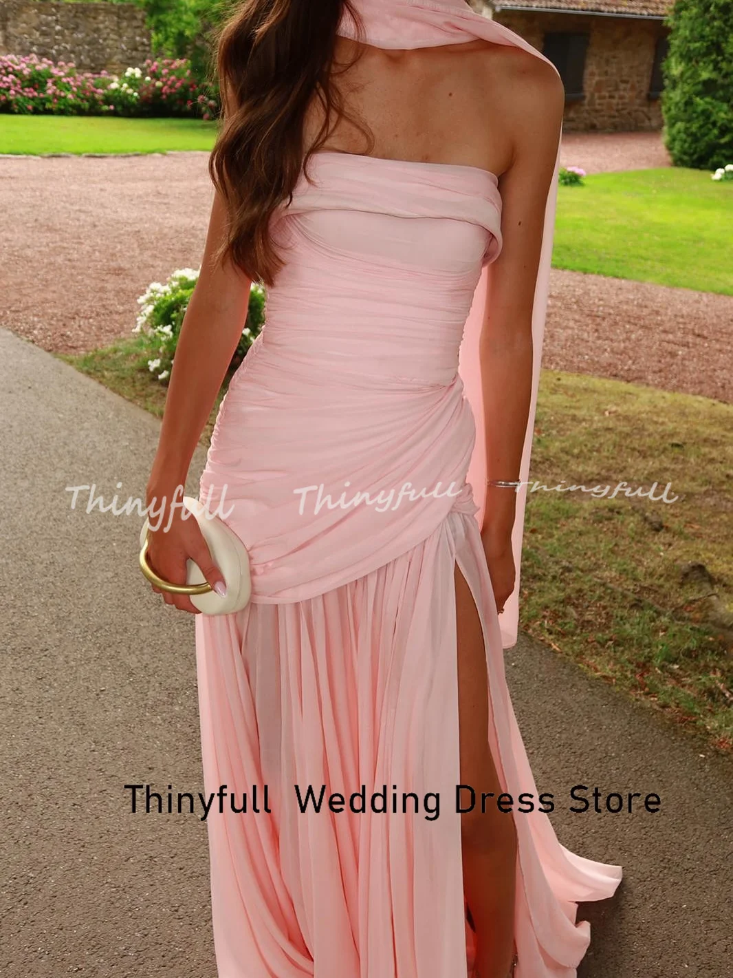 Thinyfull シフォン A ラインウエディングドレス ノースリーブ ストラップレス プリーツ イブニングドレス ホリデースタイル ガウン ローブ・ド・ソワレ カスタマイズ