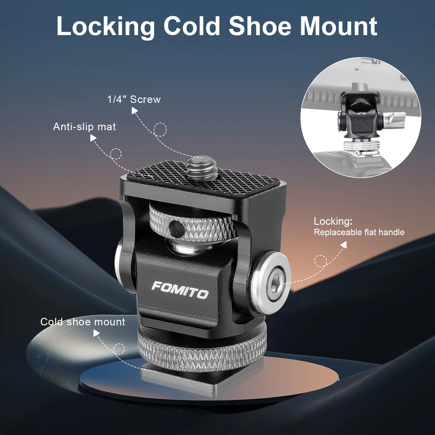 Uchwyt monitora FOMITO Mini, mocowanie monitora kamery, mocowanie z zimną stopką, obrotowy, regulowany po nachyleniu, do lamp LED, monitora, mikrofonu, kamery — zdjęcie 2