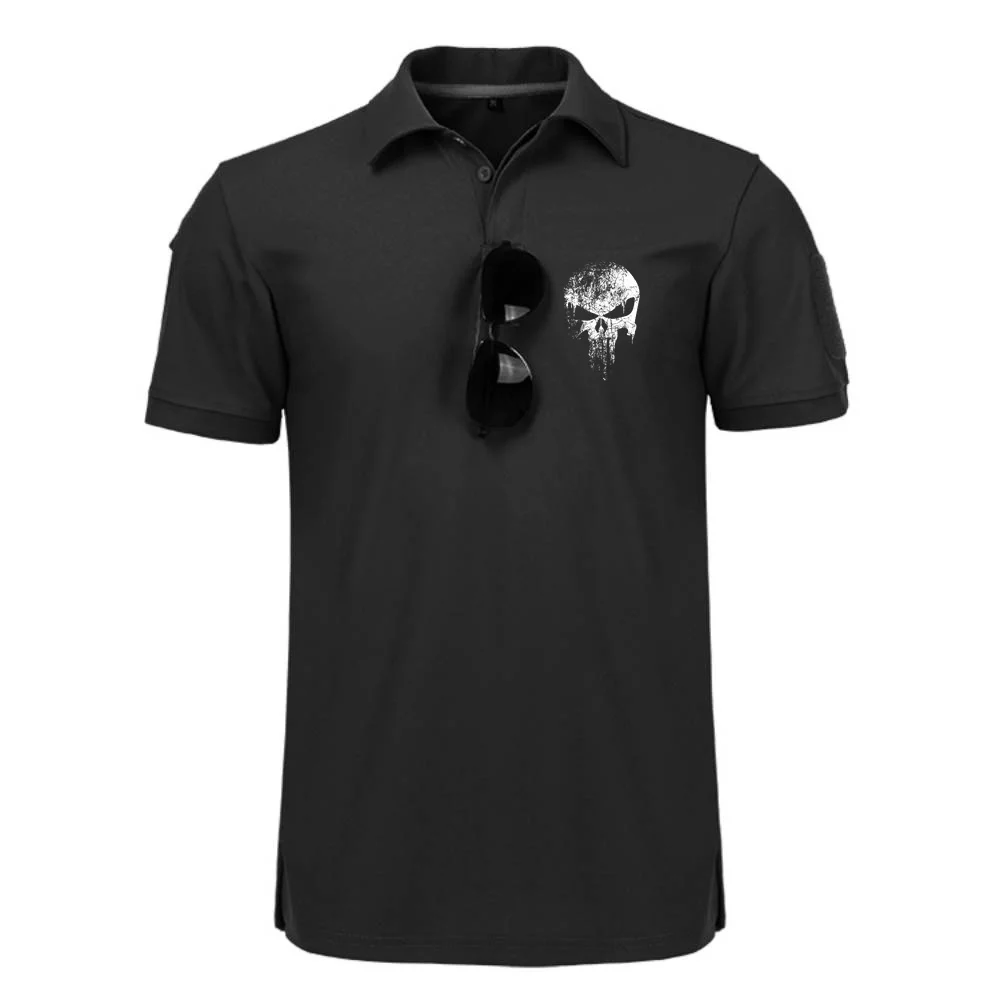 Mens Polo Punisher Skull 3D Military Style Shirts Hunting Fishing Sportswear Stretch Breathable Short Sleeve Men Clothing