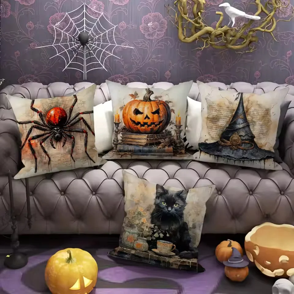 

1pc Vintage Halloween Pillow case,Zippered Open,Spider Hat Pumpkin Black Cat Pattern,Suitable for Living Room Bedroom Decoration