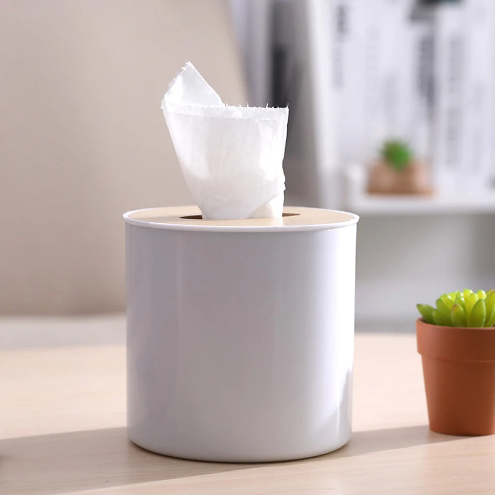 

2Pcs Round Tissue Box with Wooden Lid Modern Roll Paper Holder Simple Tissue Storage Box for Office Home Decor Napkin Organizer