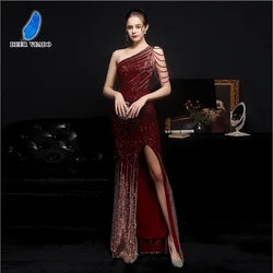 DEERVEADO Women's One Shoulder Evening Dress with Beads Sexy Slit Party Dresses Sequined Special Occasion Dress