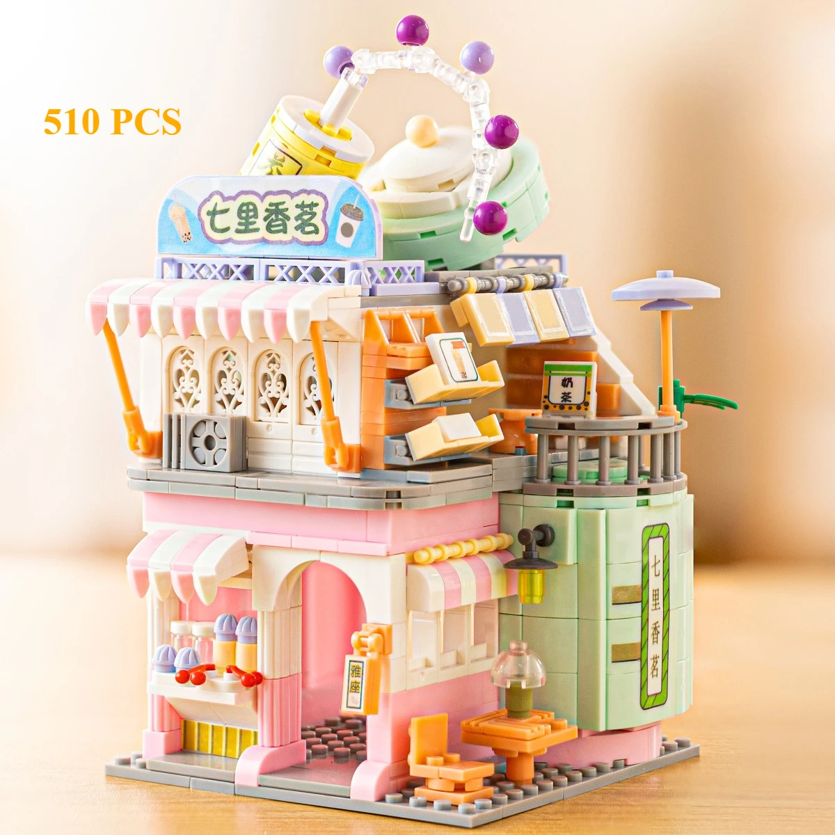 Moc café estilo hong kong chá restaurante blocos de construção conjunto modular flor casa loja brinquedos para crianças aniversário presente do feriado