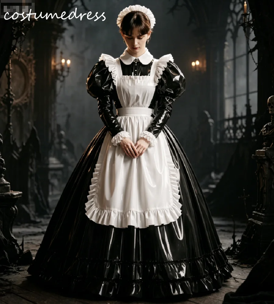 Gothic Victorian Maid Dress Black PVC Evening Dresses Long Ball Gown with White Apron Halloween Cosplay Costume Men Role Play