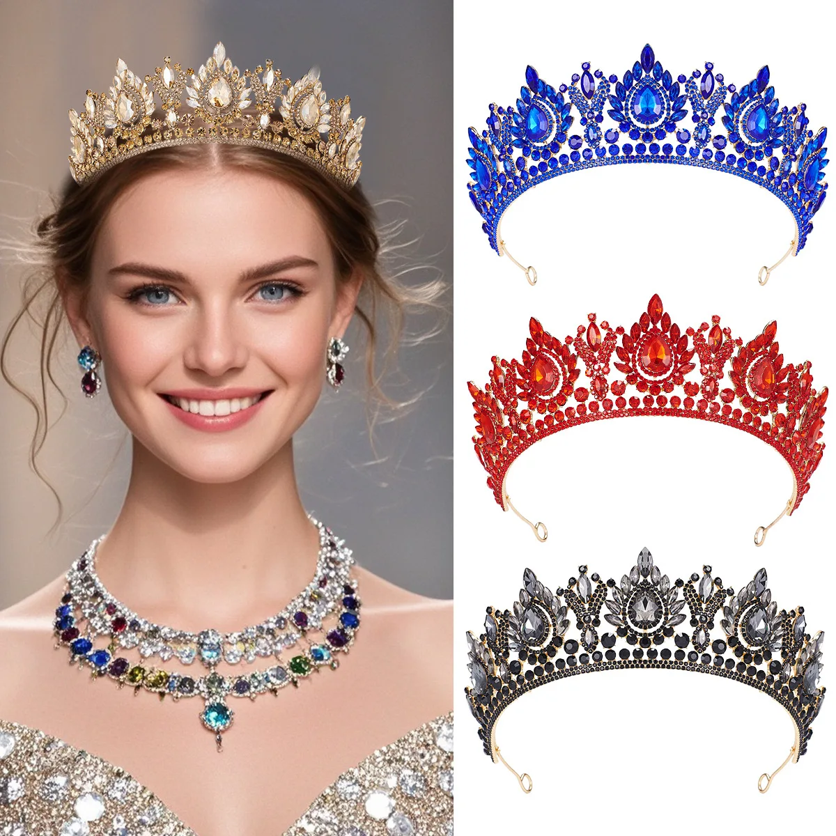 Alloy Red Green Blue Crystal Bridal Wedding Tiara Crown Bride Queen Headbands Hair Jewelry Accessories