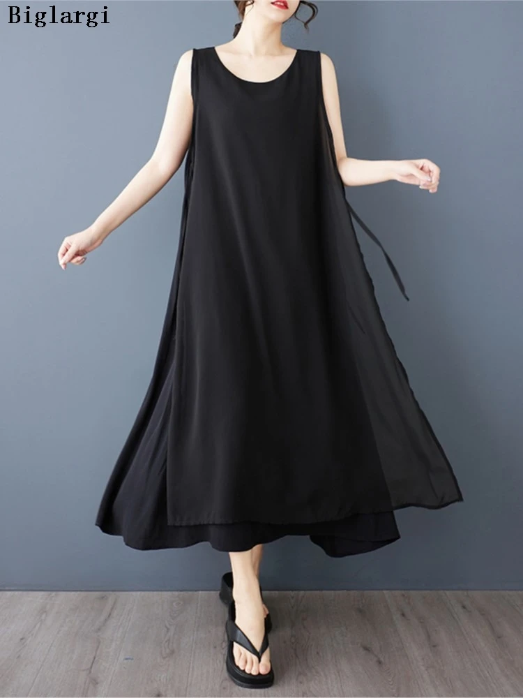 

Oversized Summer Sleeveless Dress Women Irregular Patchwork Modis Ruffle Pleated Ladies Dresses Loose Casual A-Line Woman Dress