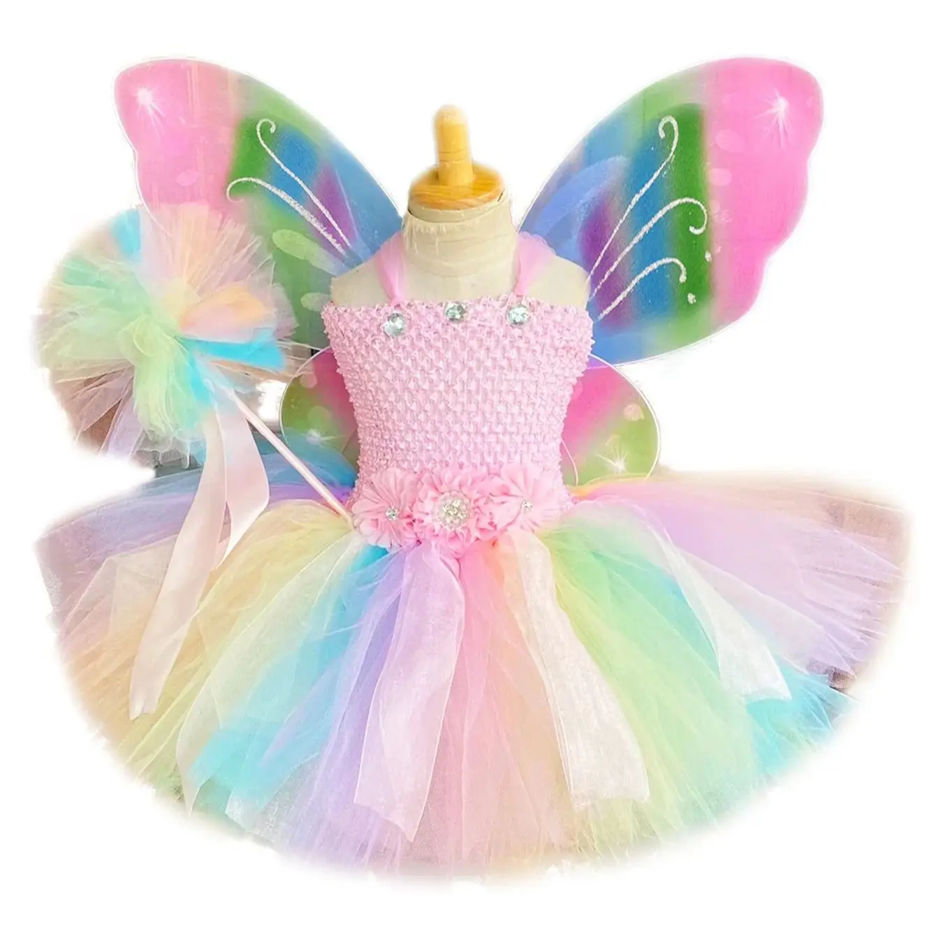 Girls Pastel Fairy Dress Kids Flower Tutu Dresses with Wing and Stick Hairbow Set Children Birthday Christmas Party Costumes