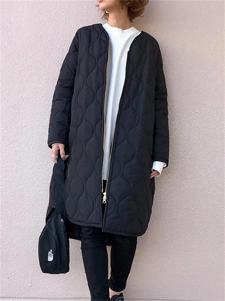 Women\'s Winter Jacket 2024 Zipper Green Loose Warm Plaid Top V-Neck Casual Streetwear Light Long Quilted Coats Female Cardigan