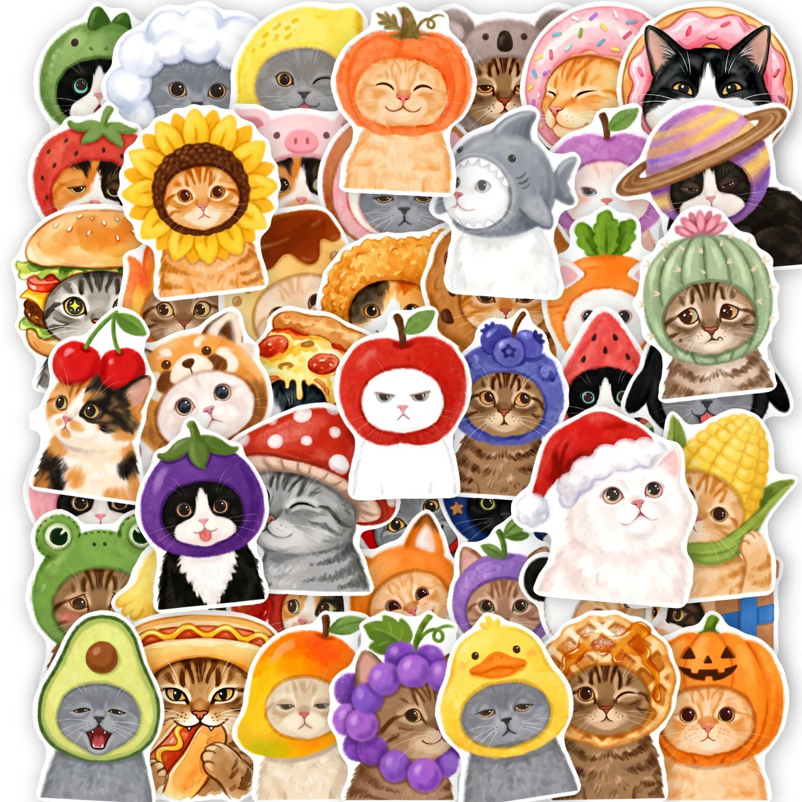 50 PCS Cute Cat With Hat Personified Fun Stickers Pack Student Hand Account Material Decorate Scrapbook Vinyl Decals