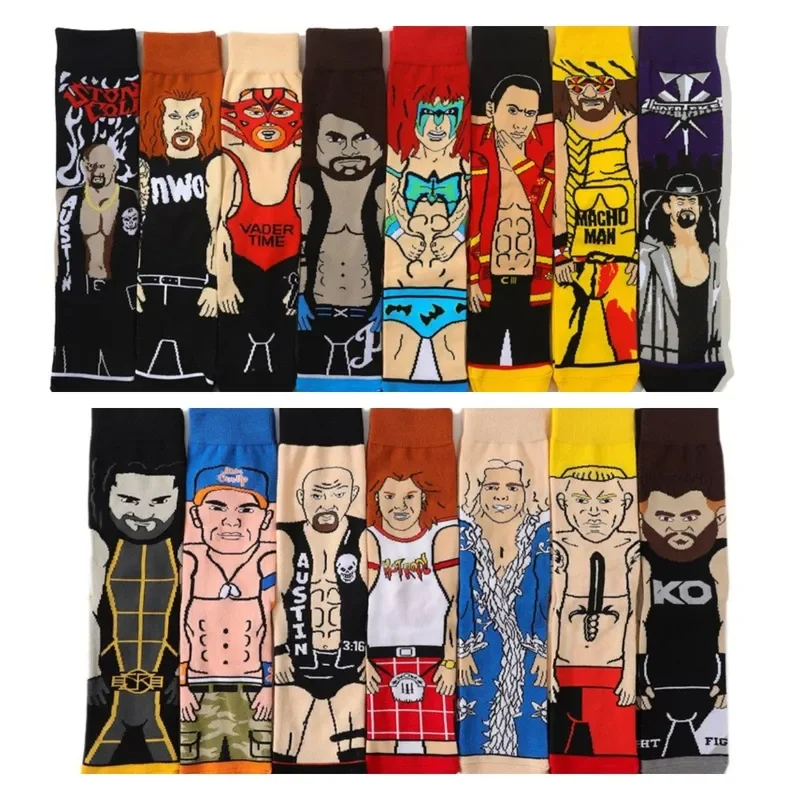 SN55Personalized Cartoon Character Printing WWE Men's Socks Sports Competitive Wrestlers Sports Tube Socks High Quality Cot$5Q@1