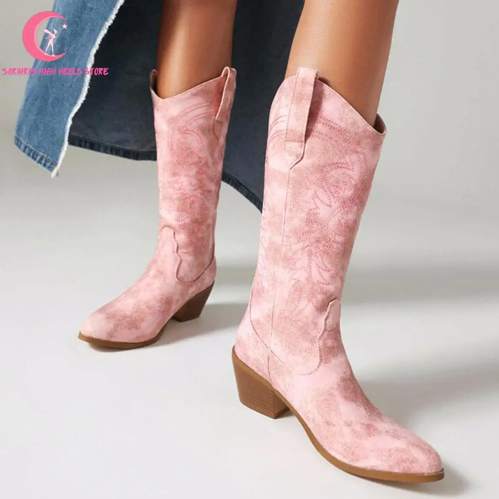 

Женские винтажные ковбойские ботинки с вышивкой в стиле ретро, удобные повседневные модные ботинки на массивном каблуке с острым носком, брендовые дизайнерские ботинки, новинка