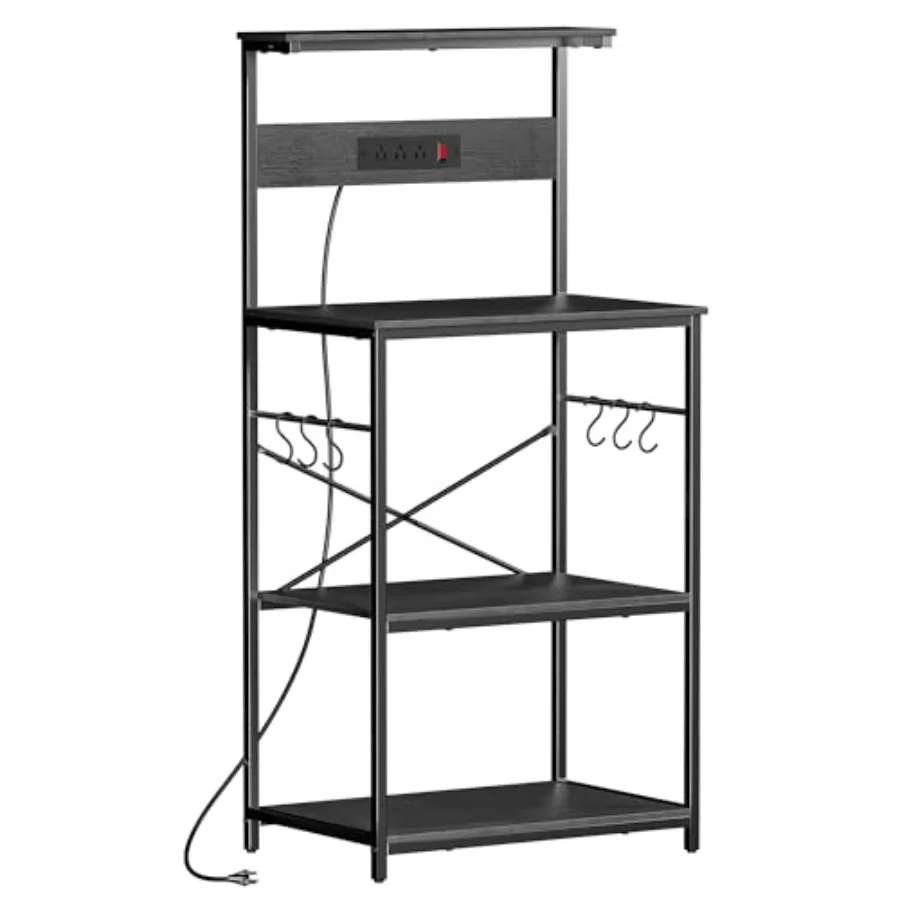 

Kitchen bakers rack with power outlet, 4-tier coffee stand in black metal, adjustable microwave and appliance storage shelf wit