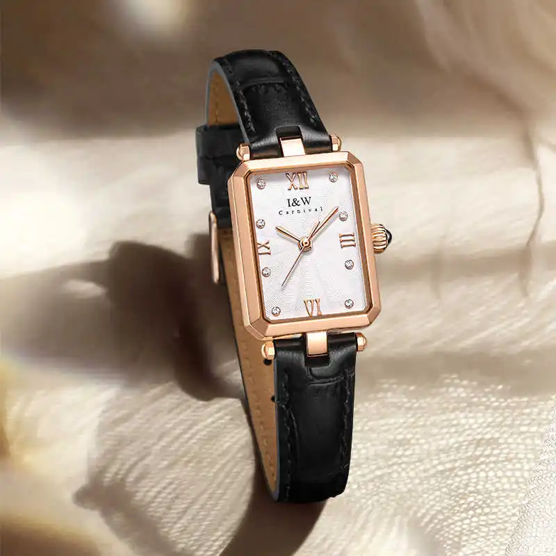 CARNIVAL Brand IW High-End Series Fashion Rectangle Quartz Wrist Watch for Women Luxury Leather Strap Waterproof Ladies Watches