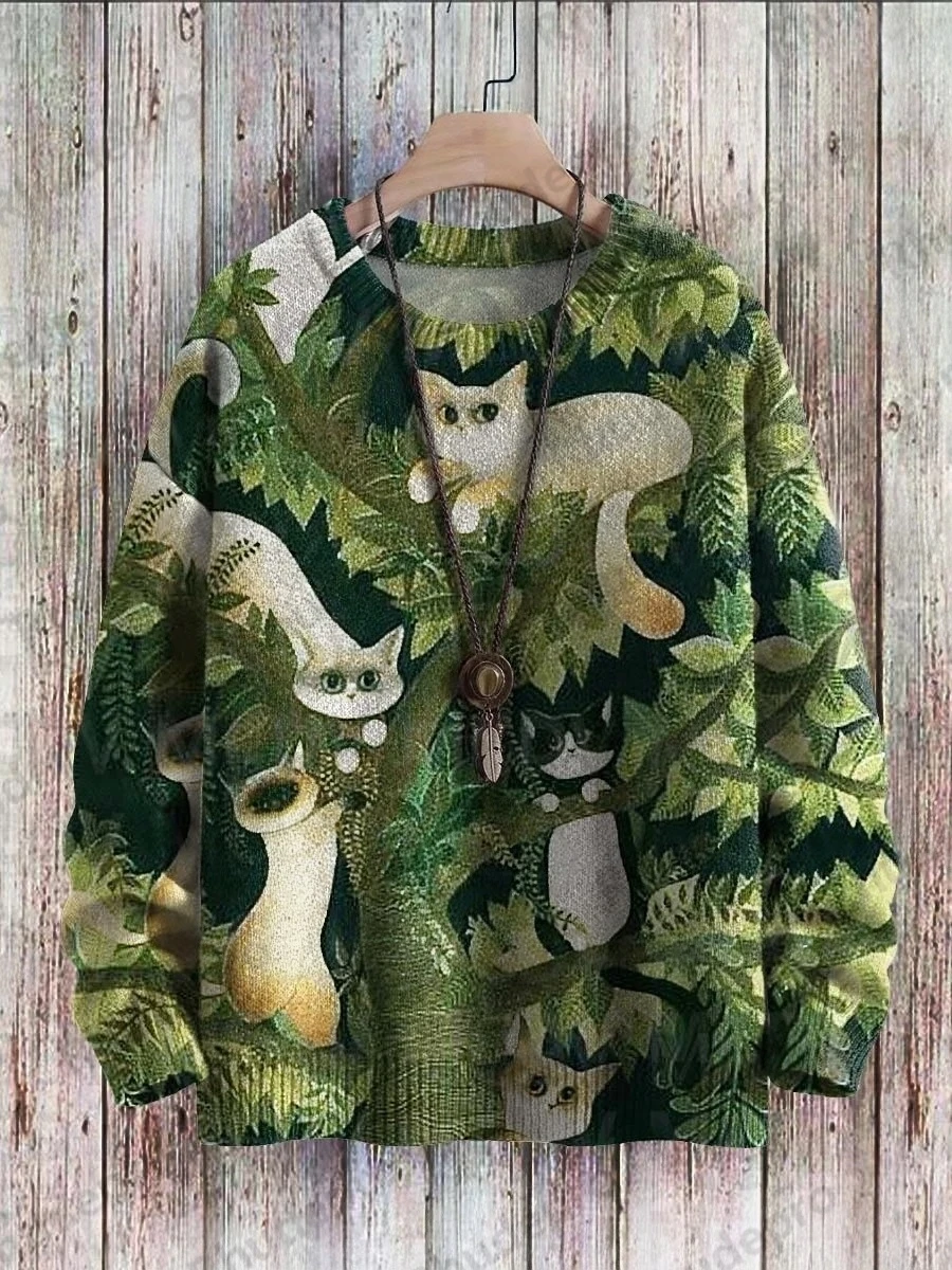 Funny Cat Play Music Moon Cow Art Pattern Print Casual Knit Pullover Sweater Men's For Women's Pullover Ropa De Hombre