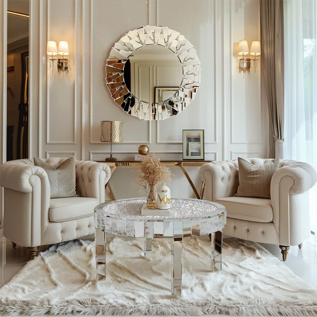 Luxury Silver Round Mirrored Coffee Table Elegant Accent Side Table with Glass Tabletop for Living Room Bedroom 3