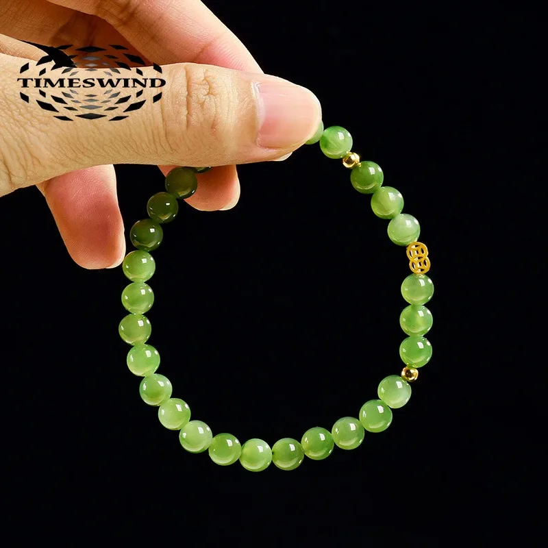 

TIMESWIND Simple Green Natural Original Jade Beaded S925 Coins Women Bracelet with Certificate