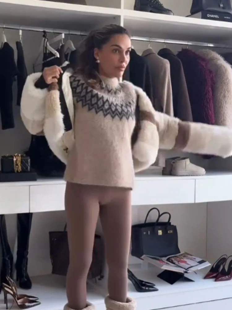 

HH Women's Winter Fashion Ski Series Alpaca Jacquard Knit Sweater Female Versatile Crew Neck Long Sleeve Pullover Sweater Top