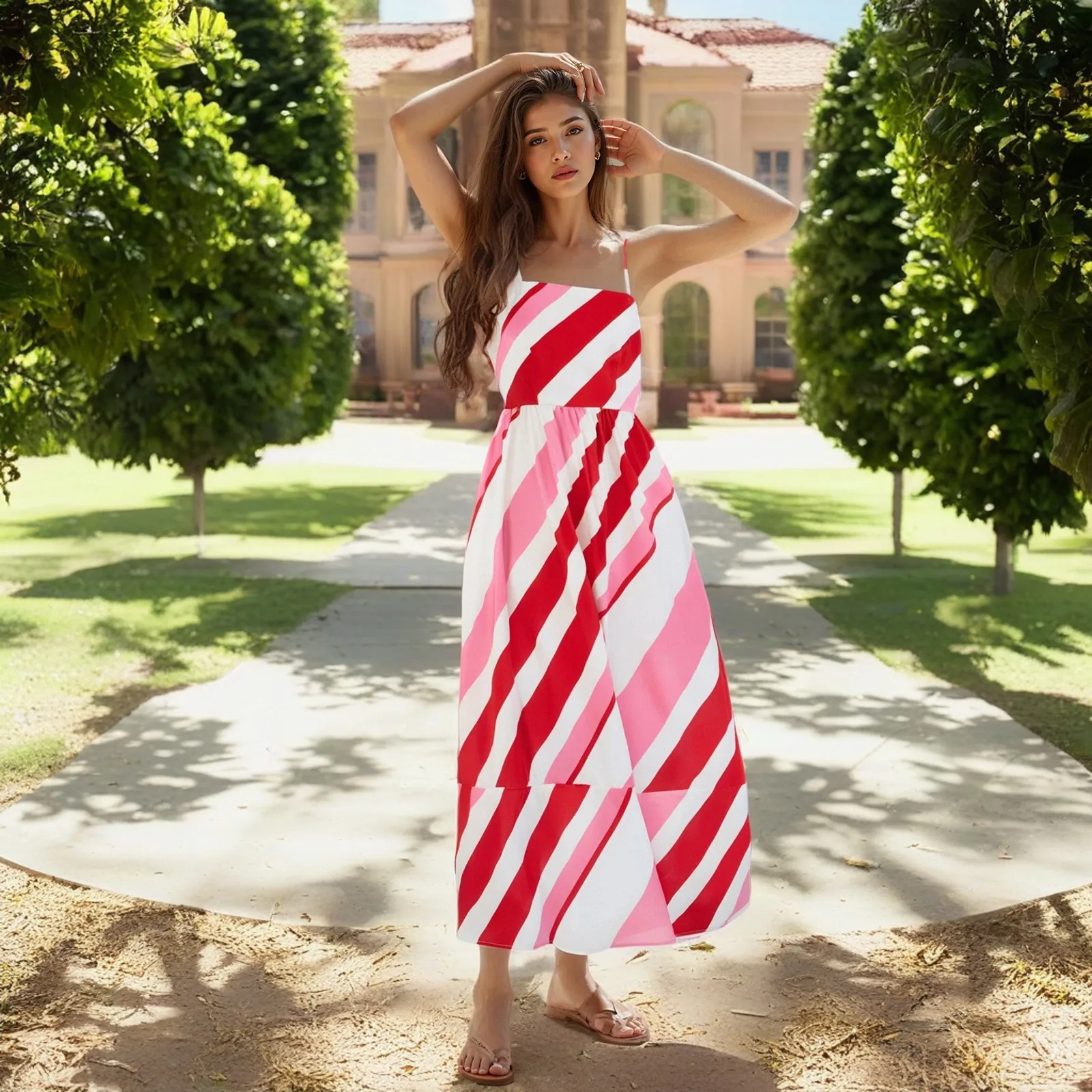 Summer Holiday Women's Cami Long Dress Sleeveless Open Back Striped Spaghetti Strap Beach Style Dress