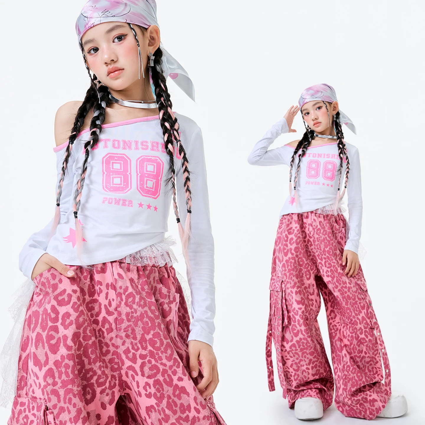New Kids Cool Hip Hop Clothing Girls Jazz Dance Costume White Top Leopard Pants Children'S Ballroom Dance Street Suit XS10430