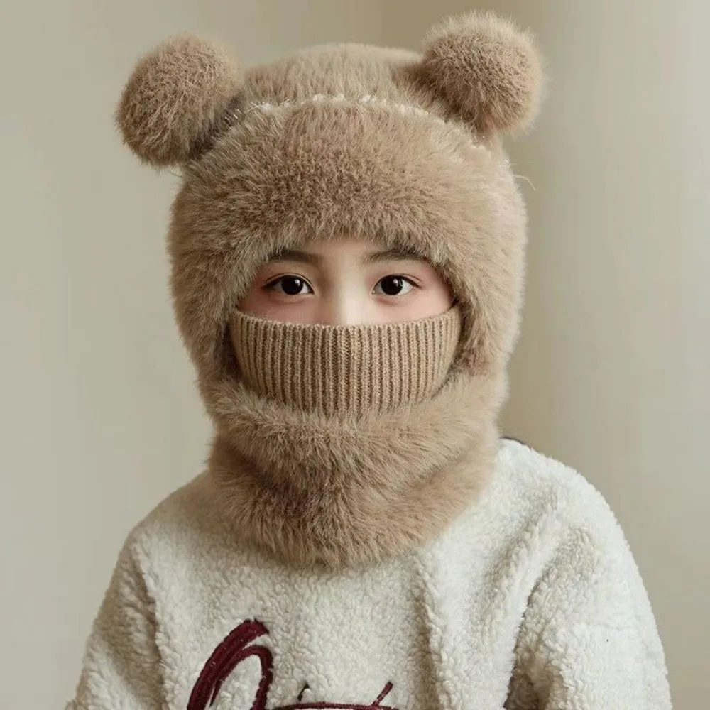 

New Warm Scarf Mask Integrated Hat Pompom Windproof Hooded Hat Coldproof Neck Warmer Autumn and Winter