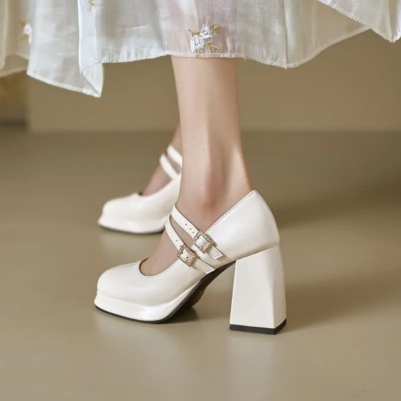 REAVE CAT White Sexy Women Pumps Square Toe 9cm Block Heel Double Buckle Strap Plus Size 44 45 46 Mary Janes Dating Party Shoes view 2
