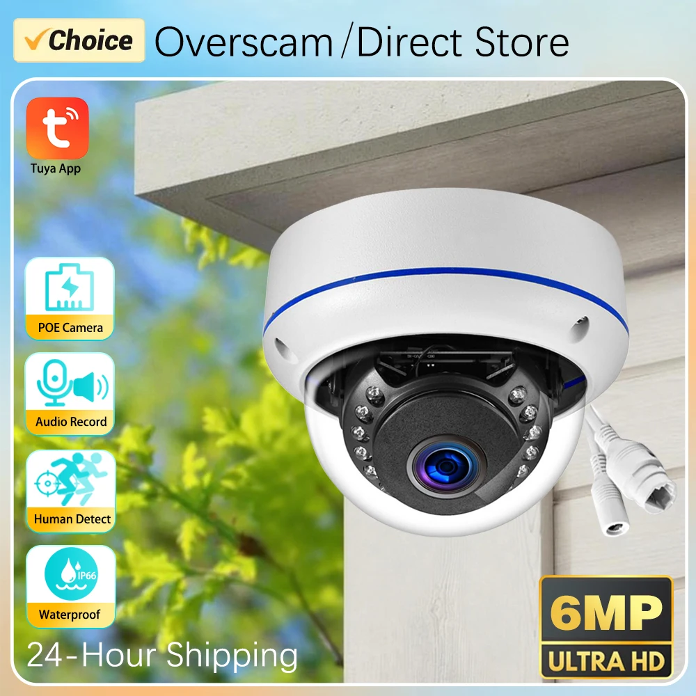 6MP Tuya SmartLife Metal Dome POE IPC Camera Audio Record CCTV Camera Vandalproof Outdoor Home Security Video Human Detection