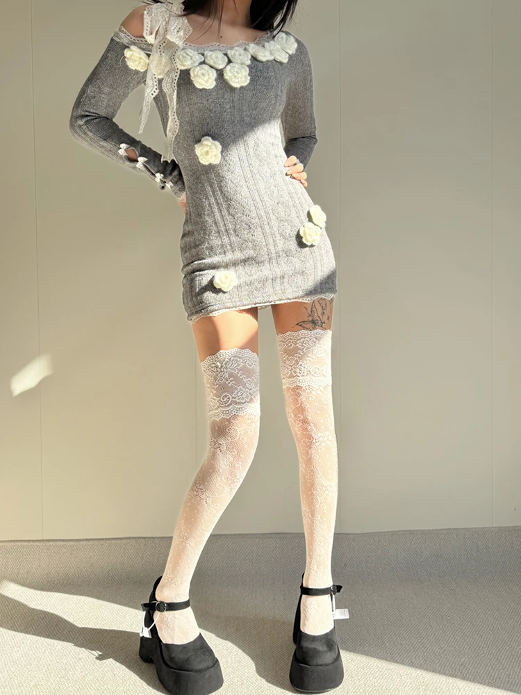 Women's Lace Fishnet Stockings Lolita Retro Floral Transparent Breathable Casual Socks Hollowed  Over The Knee Socks Fishnets