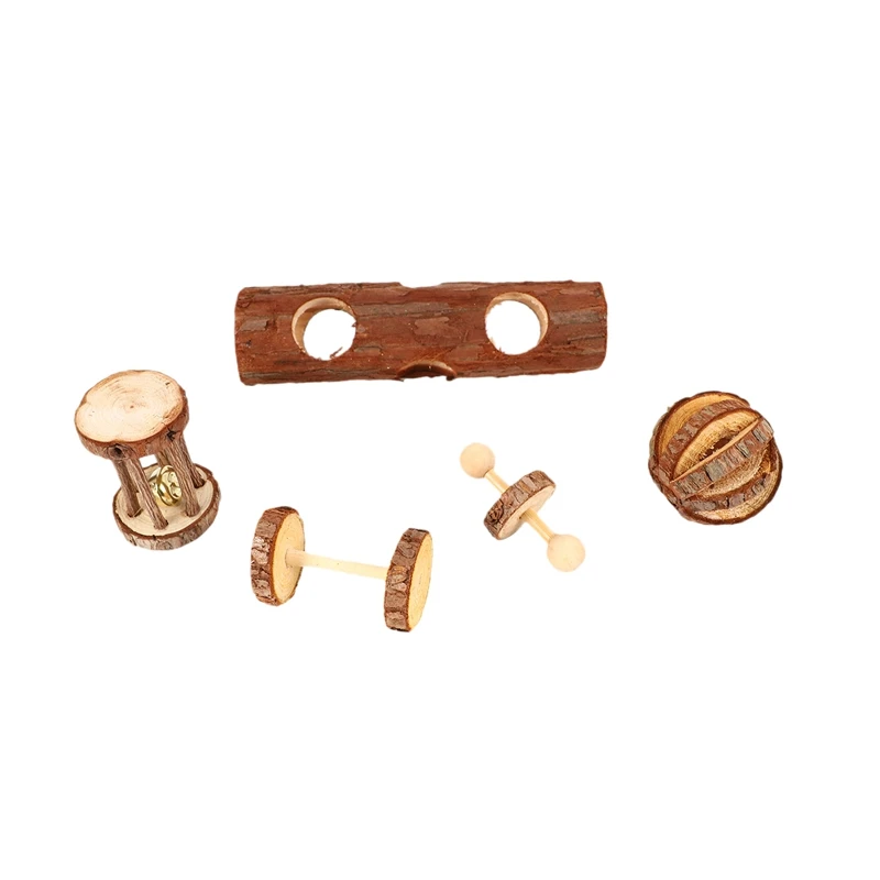 5 Pcs Natural Wooden Playing Chewing Toys For Small Animal Hamster Gerbil Mouse - Tunnel, Ball, Bell Roller, Dumbbell, Unicycle