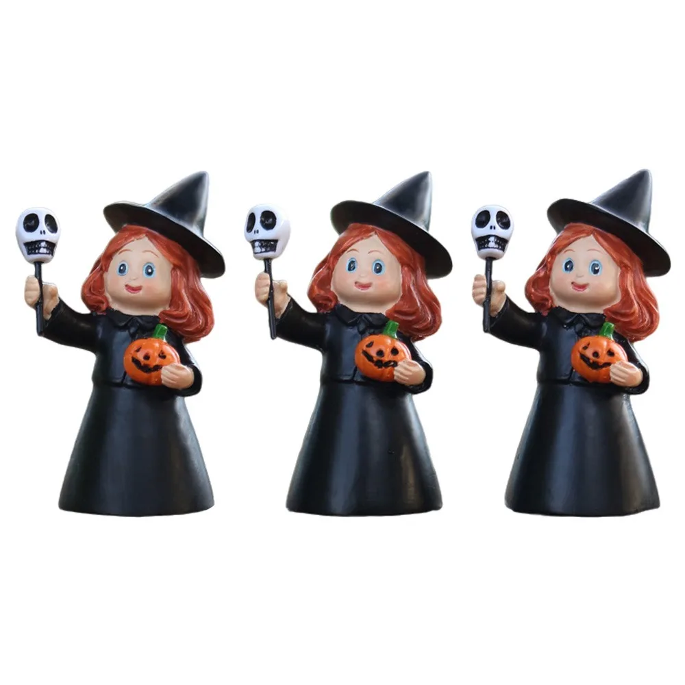 

3Pcs Cute Halloween Witch Statue Cartoon Creative Resin Girl Figurines with Skull Pumpkin Craft Halloween Party Decoration