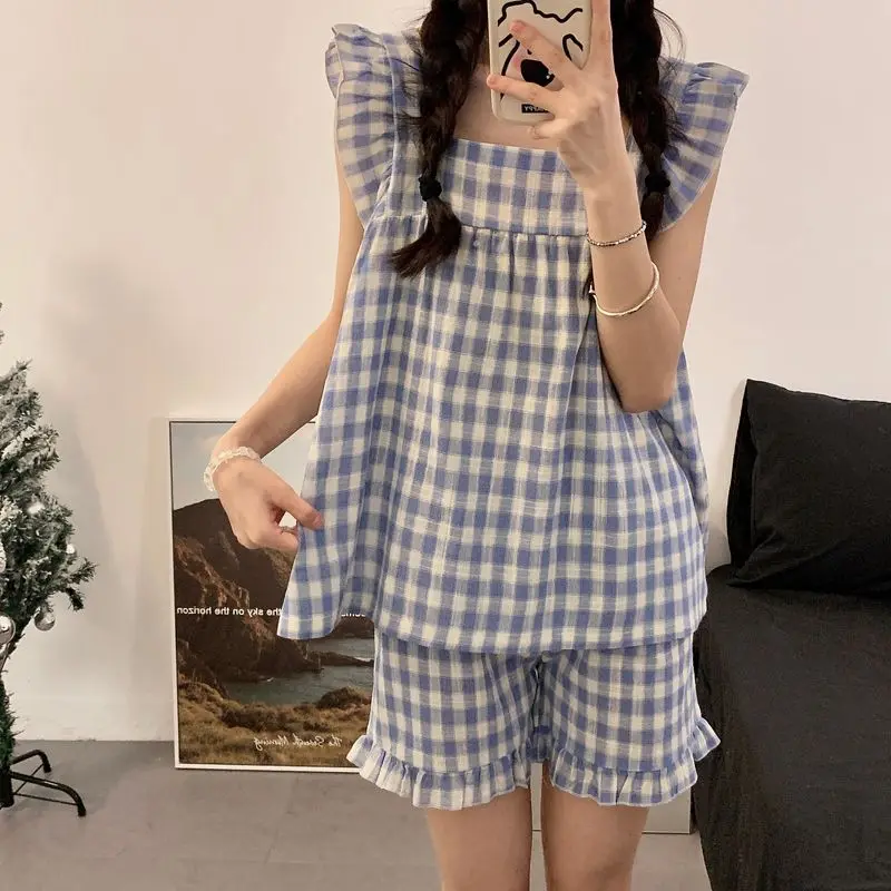 2 قطعة منقوشة الحمالات بيجامة مجموعات الصيف موضة عادية ساحة الرقبة سترة صغيرة تحلق كم ملابس المنزل النساء ملابس خاصة