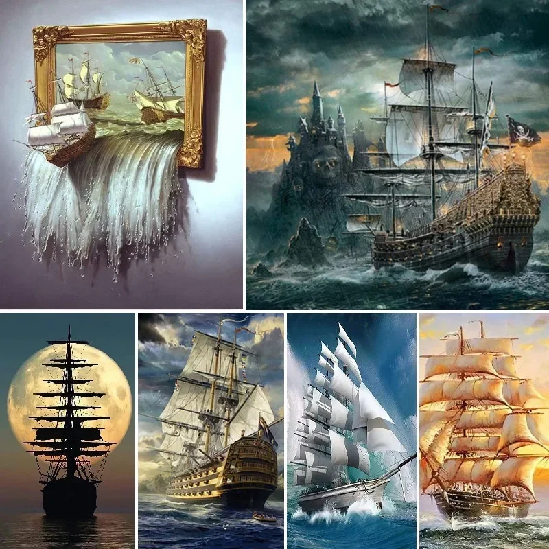 5D DIY Diamond Painting Sailboat Corss Stitch Kit Full Drill Sailing Ship Pirate Square Embroidery Picture of Rhinestones Gift