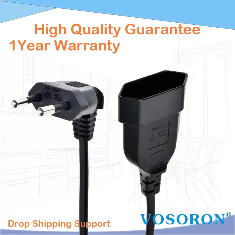 Europea 90 Degree Male Plug To Female Socket Power Extension Cable For PC Computer PDU 0.3m/0.6m/1.8m EU 2Prong Bend Angled Cord