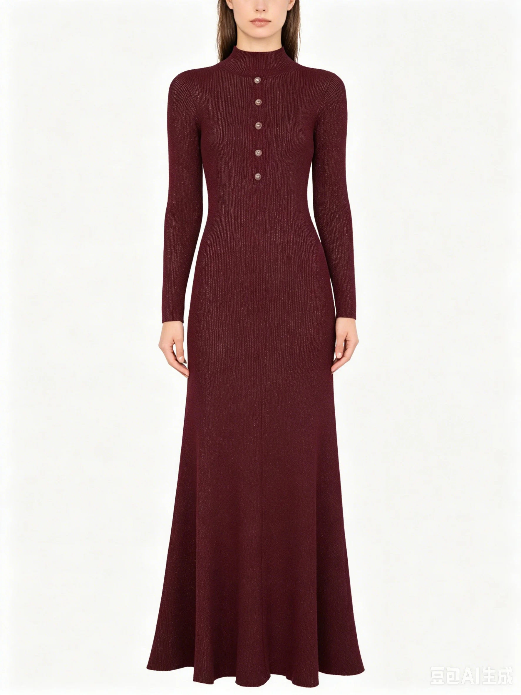 25304 High-quality New Fashion Half High Collar Button Hollow Bright Silk Elastic Knitted Slim Fit Long Women's Dress