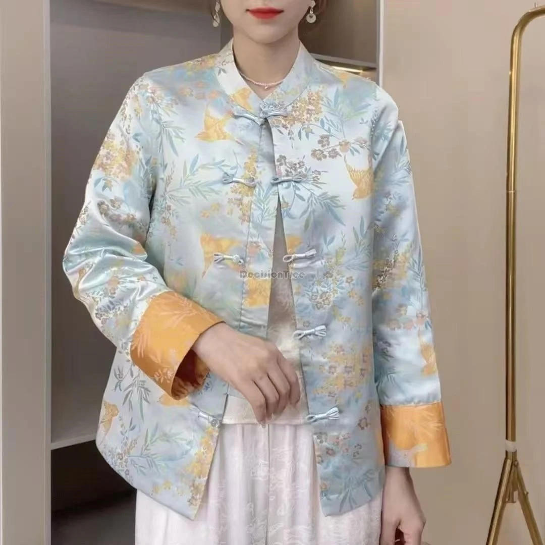 

2025 spring new chinese national style cheongsam buttoned long sleeve embroidery loose retro tang suit blouse double-sided wear